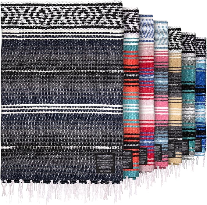 Hydration Nation Authentic Extra Large Mexican Blanket (70x50) - Handwoven Yoga Serape - Artisanal Falsa Beach Camping Picnic Outdoor (Blue Haze)
