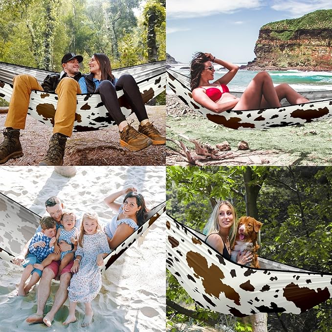 Outdoor Hammock for Camping Western Brown Cow Print Double Single Hammocks with 2 Tree Straps Lightweight Portable Heavy Duty Nylon Hammocks for Backpacking Travel Beach Backyard Patio Hiking