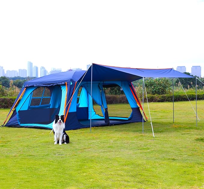 KTT Extra Large Tent 12 PersonFamily Cabin TentsAwning2 Rooms4 Doors and 4 Windows with MeshStraight WallWaterproofDouble LayerBig Tent for OutdoorPicnicCampingFamily Gathering