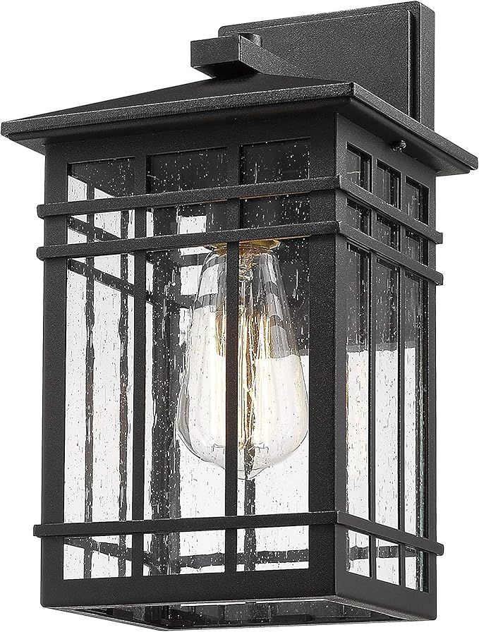 Outdoor Wall Lantern Exterior Light Fixture Wall Mount 1-Light Waterproof Outdoor Lighting Fixture with Seeded Glass for Porch Garage Patio Hallway Entryway Black