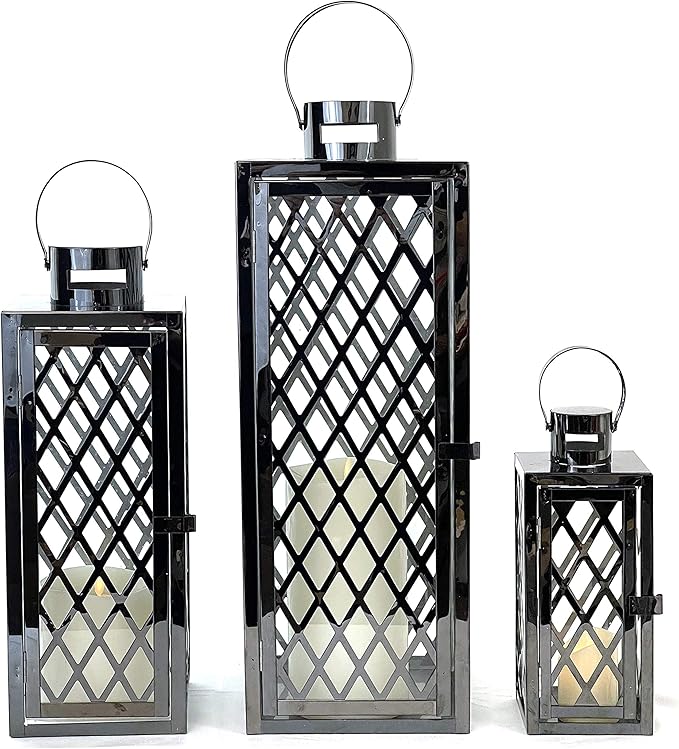Allgala Lantern Set 3-PC Set Jumbo Luxury Modern Indoor/Outdoor Hurricane Candle Lantern Set with Chrome Plated Structure and Tempered Glass-Diamond Gold-HD88051