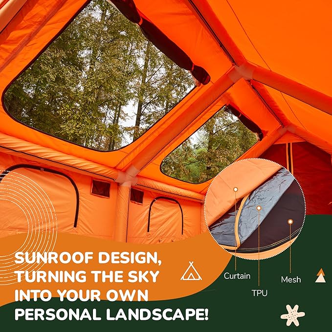 2026 Upgraded Inflatable Tents for Camping 6-8 Person Blow Up Tent with TPU Skylight Mesh Windows Stove Jack &amp Pump Easy Setup 4 Season Large Inflatable Tent Waterproof &amp Windproof