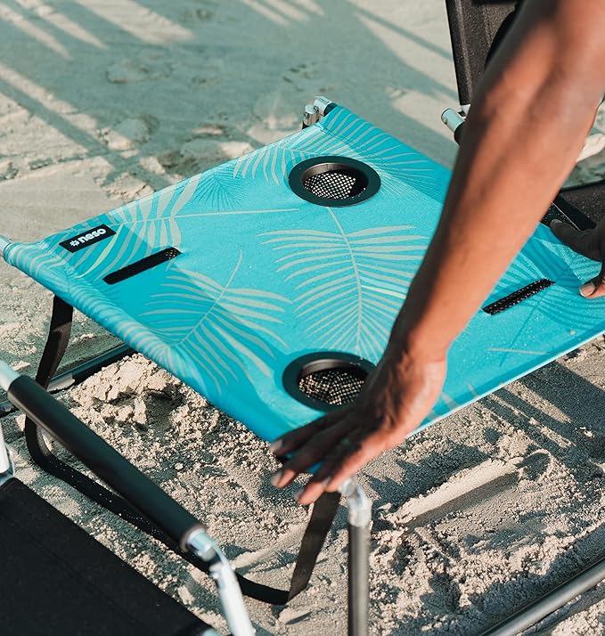 Neso Beach Table - Lightweight Portable and Foldable Table for Beach Camping and Outdoor Adventures - Stable Surface - with Cup Holder for Drinks and Phone Pockets - Aqua Fronds