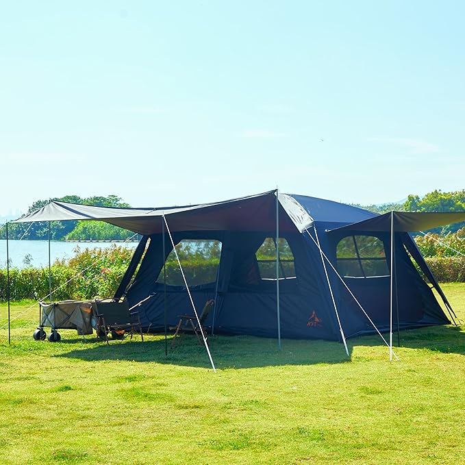 KTT Extra Large Tent 12 PersonFamily Cabin TentsAwning2 Rooms4 Doors and 4 Windows with MeshStraight WallWaterproofDouble LayerBig Tent for OutdoorPicnicCampingFamily Gathering