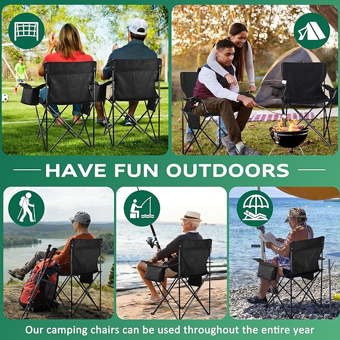 HaSteeL 2 Pack Camping Chair Large Folding Beach Chairs with Cooler Bag Cup Holder &amp Storage Pocket Portable for Outdoor Patio Picnic Lawn Hiking Fishing Travel Support 275 LBS (Black)