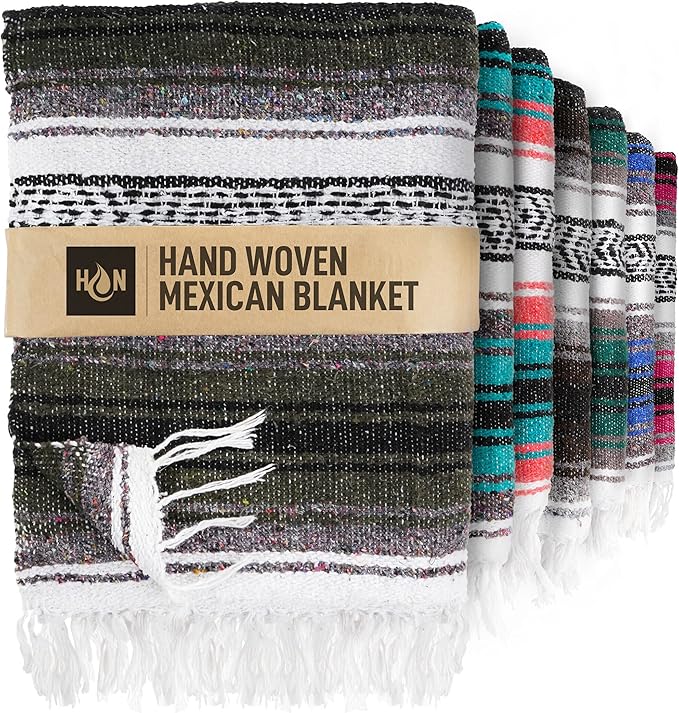 Hydration Nation Authentic Extra Large Mexican Blanket - 70x50 Handwoven Yoga Serape Artisanal Falsa - Camping Picnic Outdoor (Military Green)