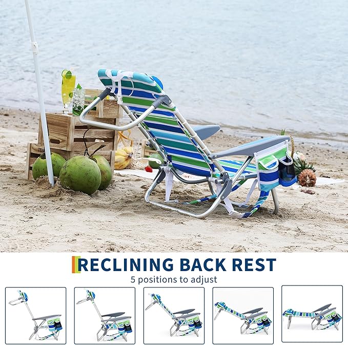 GarveeLife Backpack Beach Chair for Adults 2 Pack Lightweight Portable Lay Flat Folding Beach Chair with 5 Positions Backpack Straps Phone Pocket Cup Holder &amp Towel Bar Support to 300 LBS