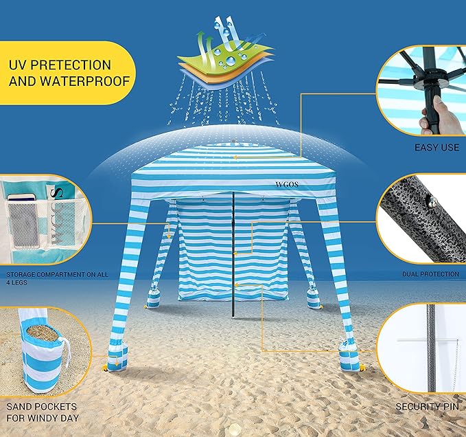 Beach Tent Beach Canopy Beach Cabana with One Side Detachable Cover Large Space 6ftx6ft Waterproof and UPF UV 50+++ Sun Protection for Beach Lake Outdoor Camping Beach Umbrella (Blue Stripe)