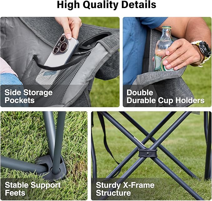 Oversized Camping Chair Portable Folding Padded Camp Chairs with Side Pocket Cup Holder Heavy Duty Support 500LBS Outdoor Lounge Chair for Adults Fishing Sports Trip Grey