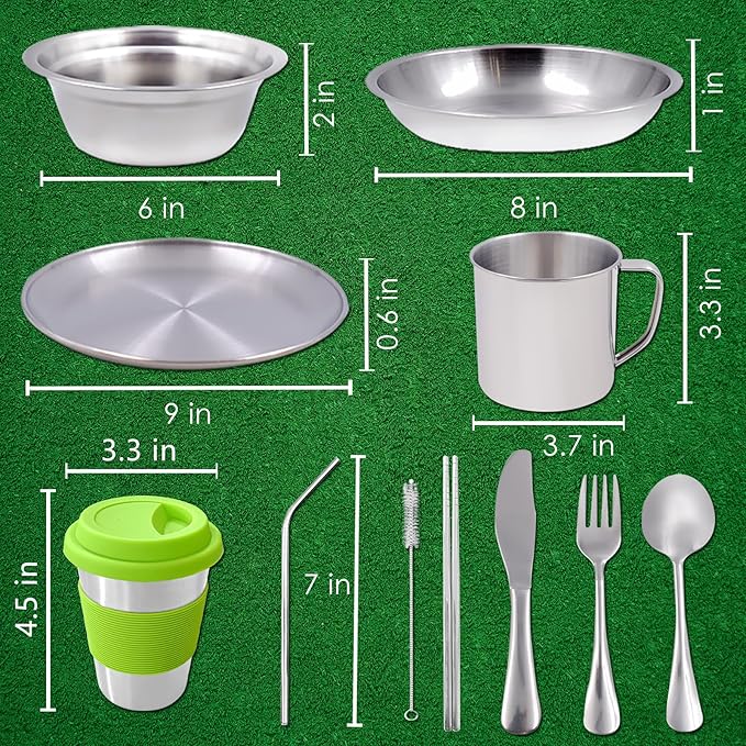 Acelane Camping Mess Kit Camping Plates Dishes Stainless Steel Camping Utensils Set Tableware Dinnerware with Bowls Cups Cutlery 1-2 Person for Backpacking Hiking Picnic BBQ RV Travel