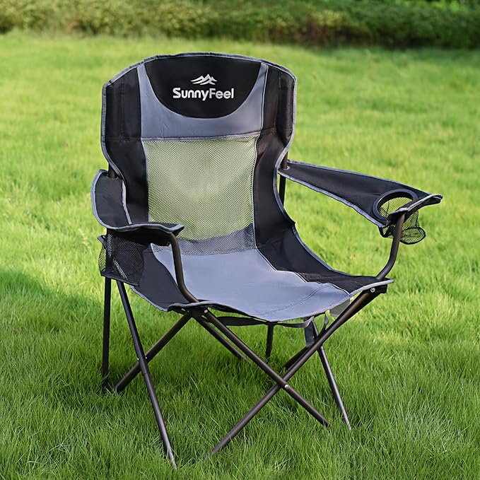 SUNNYFEEL Folding Oversized Camping Chair Padded Portable Lawn Chairs for Adults Heavy Duty 300 LBS Folding Camp Quad Chair High Back with Cup HolderArmrest for PicnicBeachSports