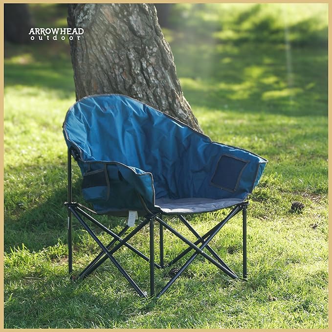ARROWHEAD OUTDOOR Oversized Heavy-Duty Club Folding Camping Chair with Pocket Cup Holder Portable Padded Moon Round Saucer Supports 330lbs Carrying Bag