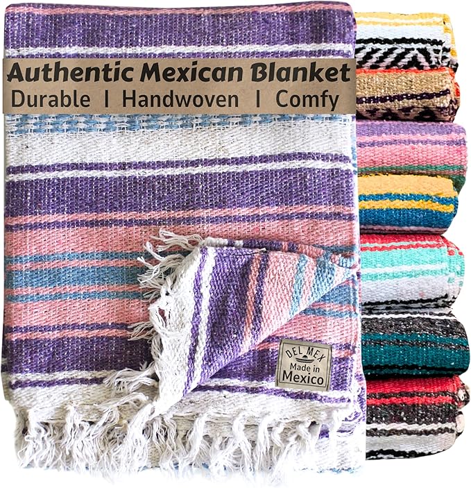Del Mex Classic Mexican Blanket Large Authentic Woven Falsa Throw (70x50) Artisan Southwest Décor for Beach Yoga Outdoors (Lavender/Pink)