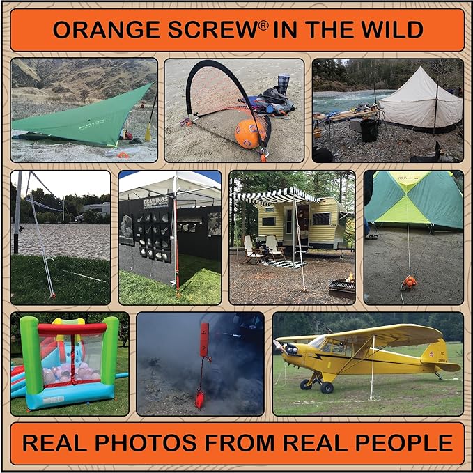 Orange Screw Ultimate Ground Anchors: Heavy Duty Screw-in Tent Stakes for High Wind Sand Canopies and Camping - Made in USA 100% Recycled Included T-Grip Tool - (Small 4 Pack)