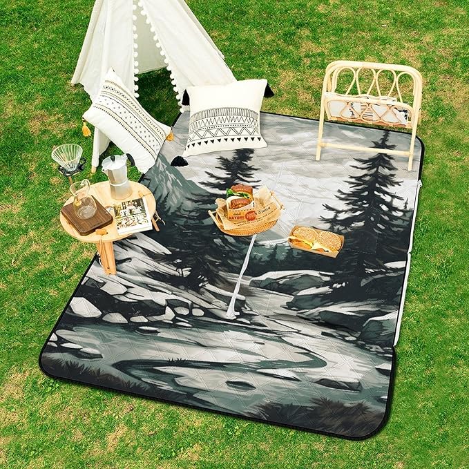 Zipper Hand Drawn Two Pine Trees Style Picnic Mat Suitable for Travel Camping Park Or Home Use