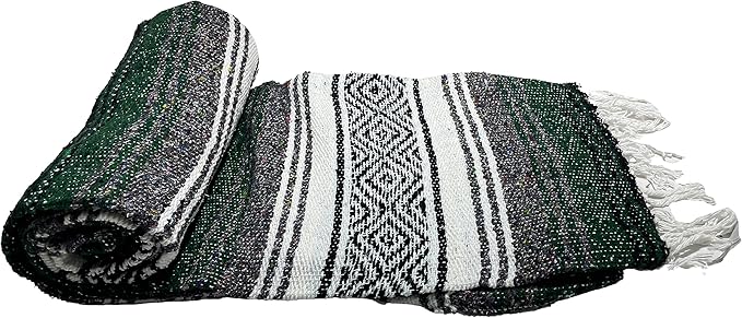 Genuine Oversized Artisan Mexican Falsa Hunter Green Blanket (72inx48in) -Authentic Handcrafted Yoga Blanket Beach Throw Camping Essential Picnic Mat or Outdoor Wrap