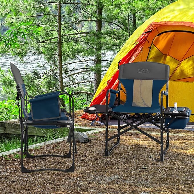 COSTWAY Folding Camping Chair Heavy-Duty Director Chair Supports 400lbs for Adults with Side Table Cooler Bag Storage Strap Portable Makeup Chair Suitable for Fishing Picnic