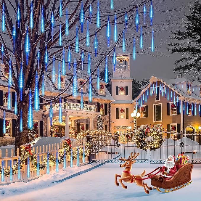 Brightown Meteor Shower Lights Outdoor 16 Inches 20 Tubes 720 LED Icicle Lights Waterproof Meteor Christmas Light Hanging Falling Rain Light for Tree Bushes Holiday Party Christmas Decor Blue
