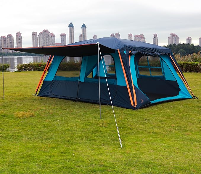KTT Extra Large Tent 12 PersonFamily Cabin TentsAwning2 Rooms4 Doors and 4 Windows with MeshStraight WallWaterproofDouble LayerBig Tent for OutdoorPicnicCampingFamily Gathering