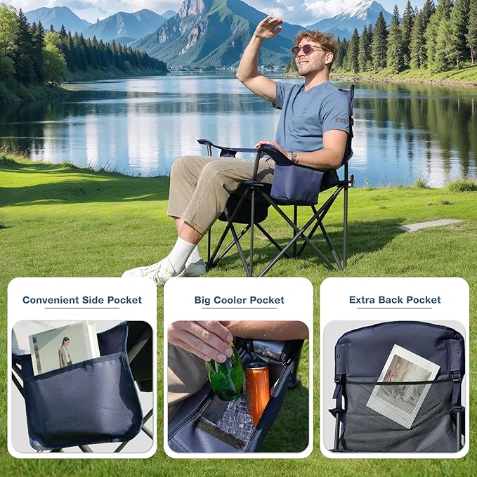 2 Pack Oversized Folding Camping Chair Heavy Duty Support 500LBS Outdoor Chair with Cup Holder Storage and Cooler Pouch Collapsible Padded Arm Chair for Sports Garden Beach Fishing Blue