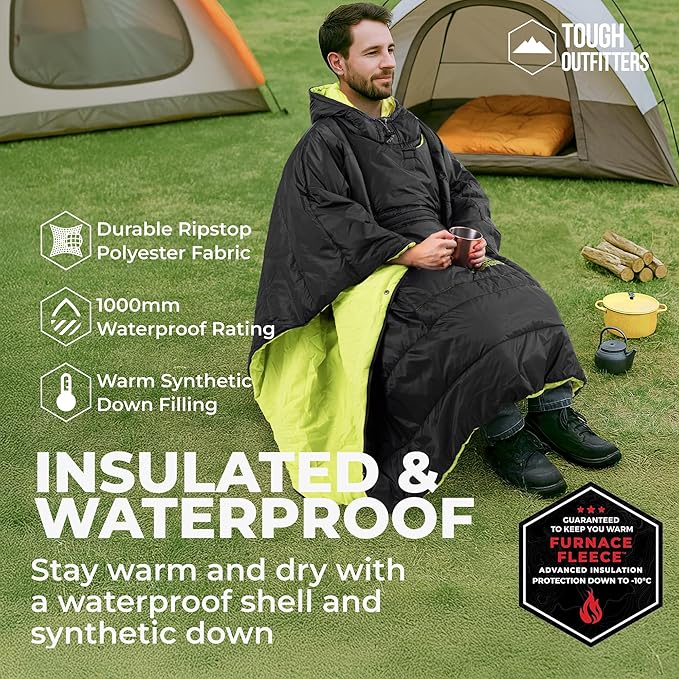 Tough Outdoors 5 in 1 Camping Poncho - Packable Blanket - Wearable Sleeping Bag Adult - Sleeping Bag Poncho - Waterproof
