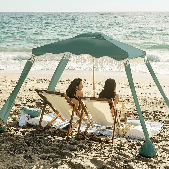 AMMSUN Beach Cabana with Fringe 6.5' x 6.5' Boho Beach Canopy with Tassels Easy Set up &amp Premium Wood Pole Cabana Tent with Sand Pockets Instant Sun Shade for Sand Garden Patio Mint Green