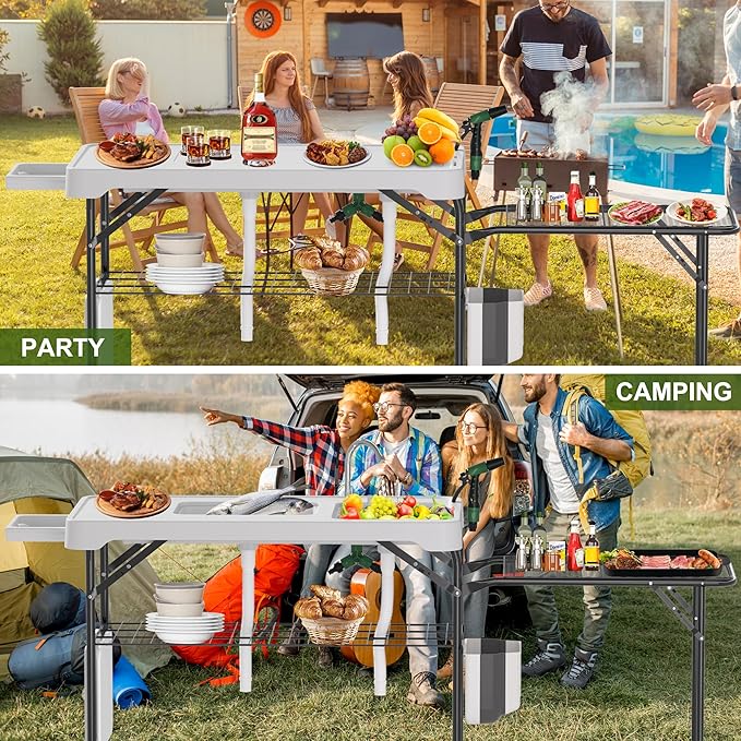 Dragosum Fish Cleaning Table Portable Folding Camping Table with Folding Grill Extension Board Fish Cleaning Station with Dual Sinks Hose Hook Up