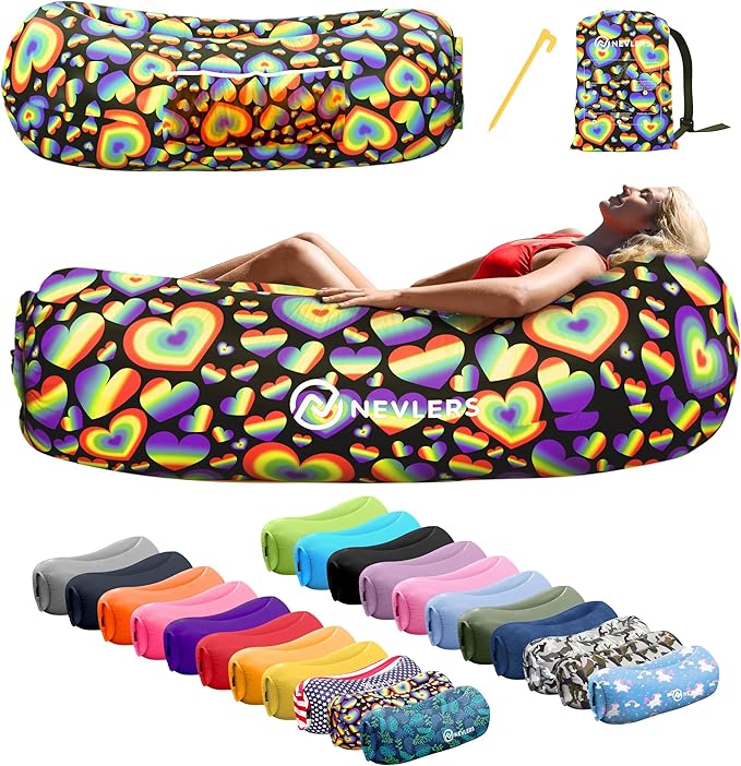 Nevlers Rainbow Heart Inflatable Lounger Air Sofa | 210T Polyester Inflatable Couch | No-Pump Air Couch | Inflatable Sofa w/ 450lbs. Cap. Pockets &amp Matching Bag | Use as Camp Chairs for Adults &a