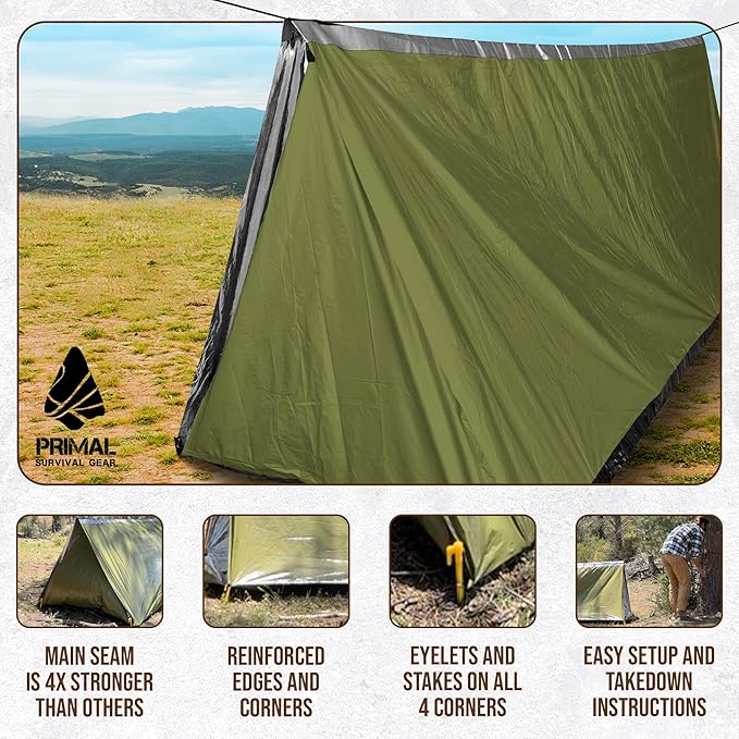 Orange Polyester Survival Tent with Doors - Compact Durable All-Season Shelter for Camping Hiking and Emergency Preparedness