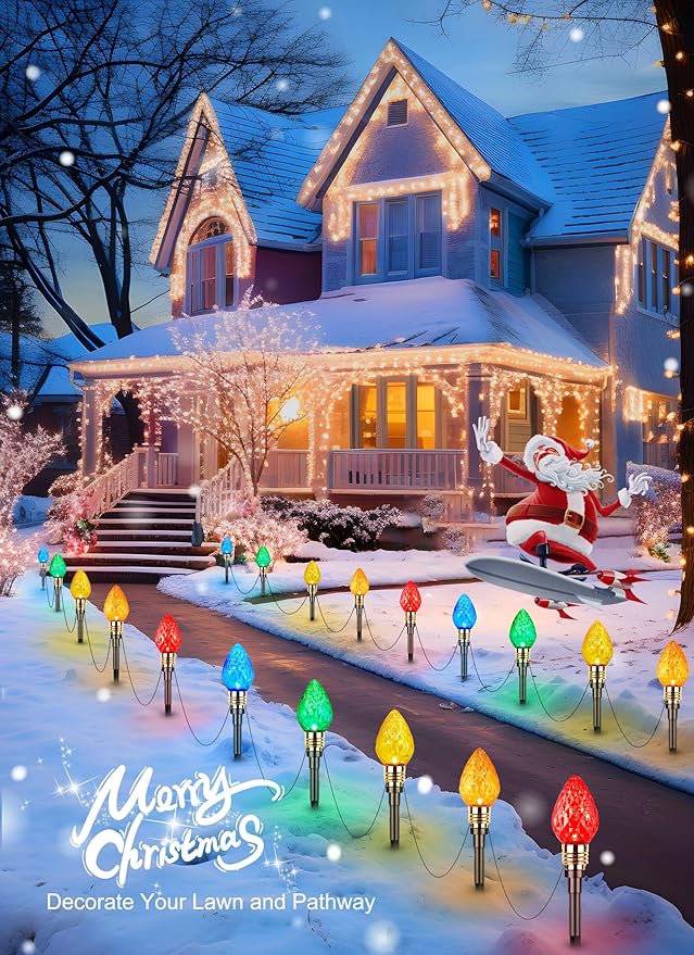 Brightown 2 Pack Strawberry C9 Christmas Pathway Lights Outdoor - Total 34.8 Feet 20 LED Christmas Walkway Light Christma Lights Outdoor Decorations for Yard Lawn Holiday Outside Multicolor