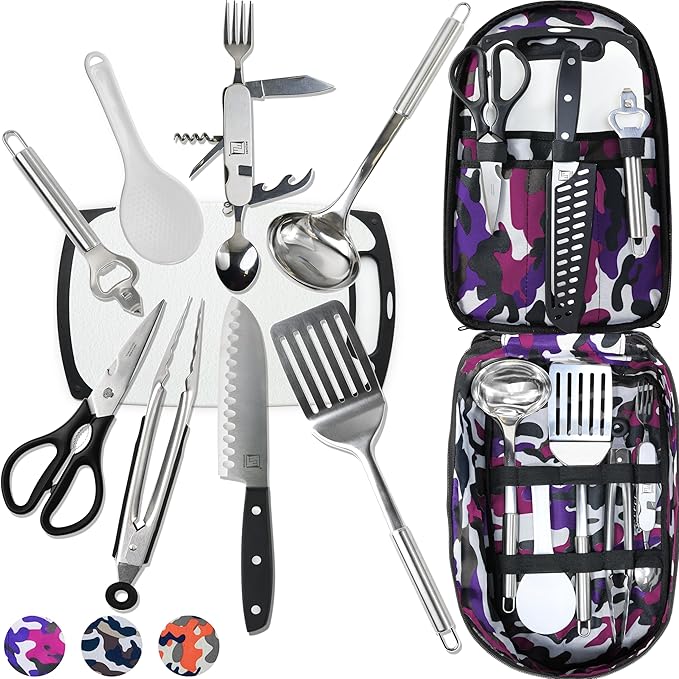 Wellmax 10-Piece Stainless Steel Camping Cooking Set – Compact All-in-One Cookware Kit with Utensils &amp Travel Bag for Campers Hikers Outdoor Adventures Purple Camo Color