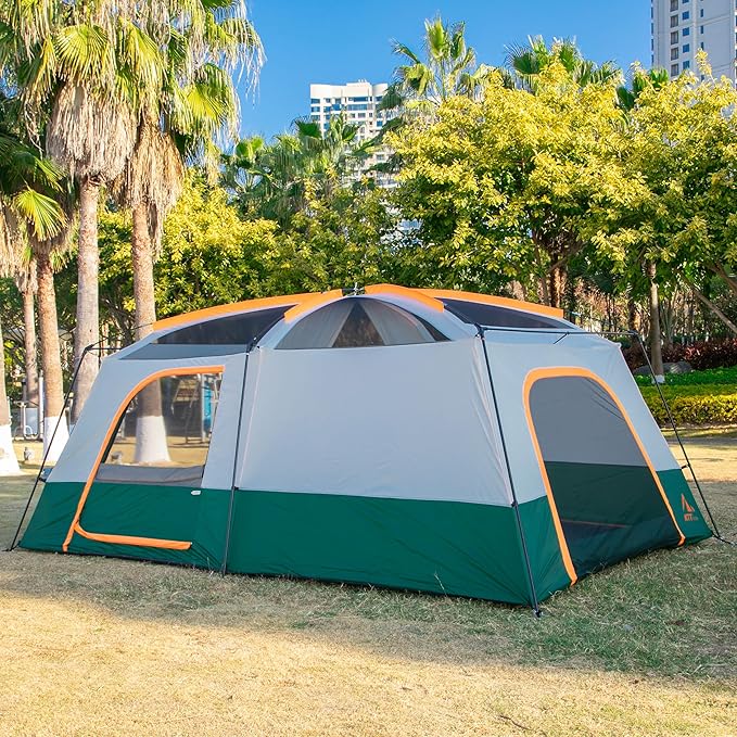 KTT Extra Large Tent 10-12-14 Person(A)Family Cabin Tents2 Rooms3 Doors and 3 Windows with MeshStraight WallWaterproofDouble LayerBig Tent for OutdoorPicnicCampingFamily Gathering