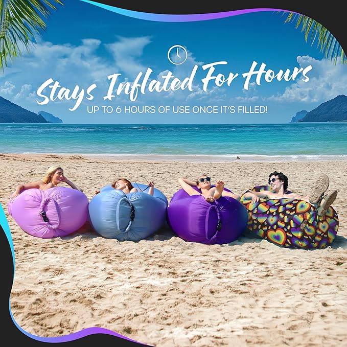 Nevlers Rainbow Heart Inflatable Lounger Air Sofa | 210T Polyester Inflatable Couch | No-Pump Air Couch | Inflatable Sofa w/ 450lbs. Cap. Pockets &amp Matching Bag | Use as Camp Chairs for Adults &a