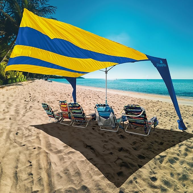 Shark FIN Shade Beach Tent Wind Sun Canopy Portable Easy Set Up UPF 50+ No Assembly Required 3-30 MPH - 1 to 8 People - Tie Downs Included - 2 Sizes Large 9' X 10' &amp Giant 13.5' X 10' PATENTS Pend