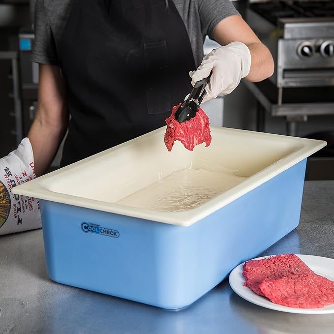 Carlisle FoodService Products Coldmaster Coolcheck Full Size Food Pan Insulated Food Pan with Refrigerant Gel Filling Plastic 15 Quarts White Blue
