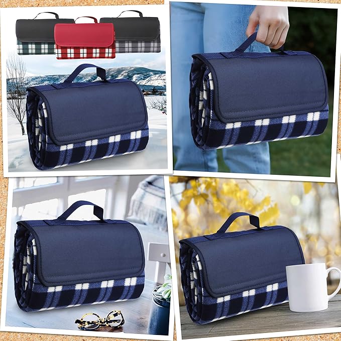 DISCOUNT PROMOS 6 Brookhaven Roll Up Picnic Blankets Set - Fleece Woven Handle - Navy Blue