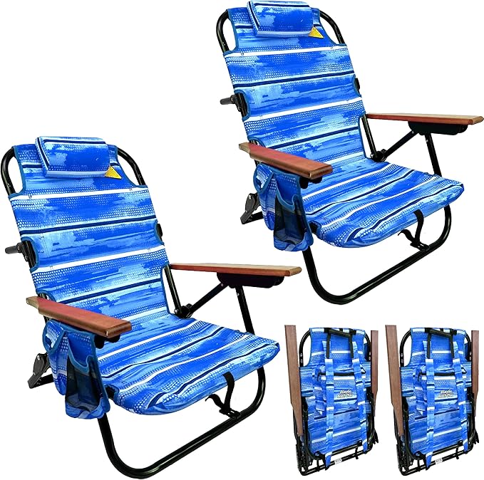 EasyGo Product Backpack Beach Chair 5 Reclining Positions Cup Holder Pouch on Side Padded Pillow Storage Bag on Back Lightweight Rustproof Aluminum Black Frame - 2 Pack Blue