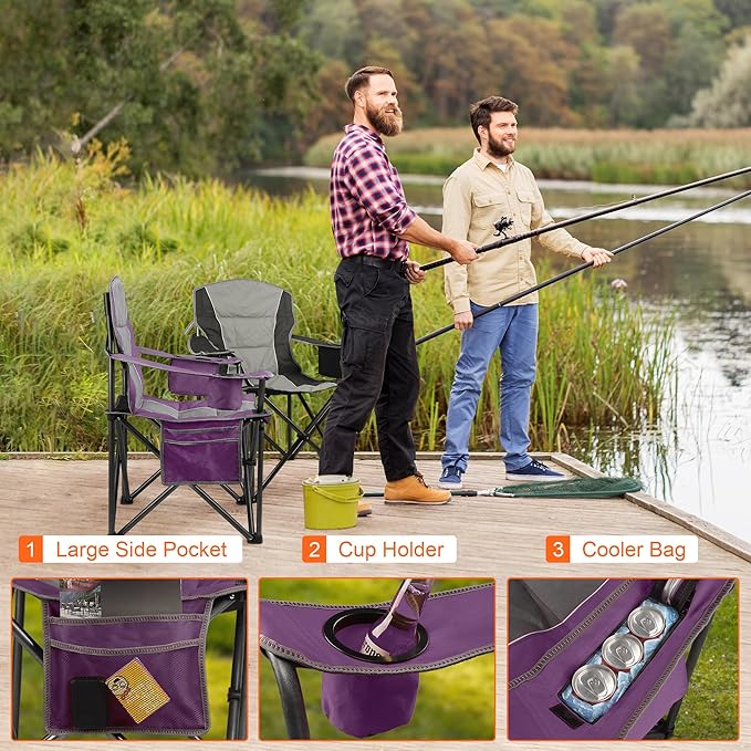 2 Pack Padded Oversized Camping Chairs for AdultsHeavy Duty Support 400 LbsFolding Portable Lawn Chair w/Cup HolderCooler BagSide PocketPerfect for Outdoor PicnicHiking(Purple&ampBlack)