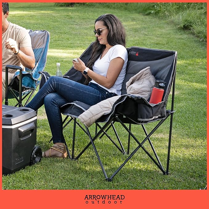 ARROWHEAD OUTDOOR 57 Wide Duo Foldable Heated Camping Loveseat Chair with 3-Stage Heating Large Cup Holders Glass Holders Side Pockets and Storage Pouches