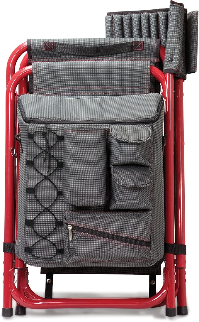 PICNIC TIME Fusion Camping Chair with Side Table and Soft Cooler Outdoor Foldable Padded Camping Chairs with Cup Holder for Lawn Beach &amp Sports Use for Adults (Dark Gray Red Accents)