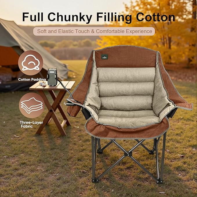 Northroad Oversized XL Padded Camping Chair w/Cell Phone Holder Large Camp Chair Foldable Lawn Chair w/Cup HolderCarry Bag for Outdoor Hiking Picnics Heavy-Duty 400-lbs Capacity Moca