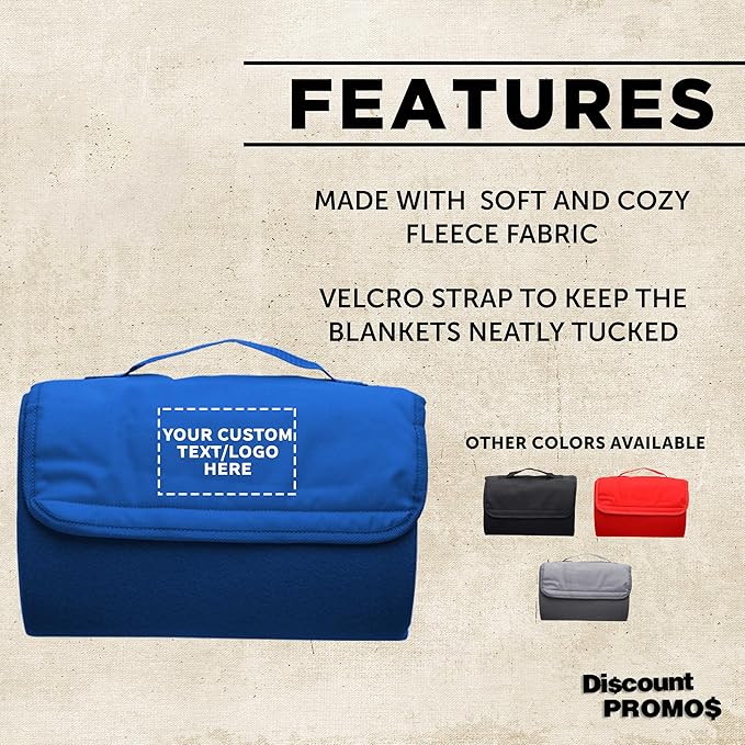 DISCOUNT PROMOS Custom Roll Up Picnic Blankets Set of 10/50/100 Personalized Bulk Pack Great for Camping Picnic Beach Sports Outdoor Activities - Blue