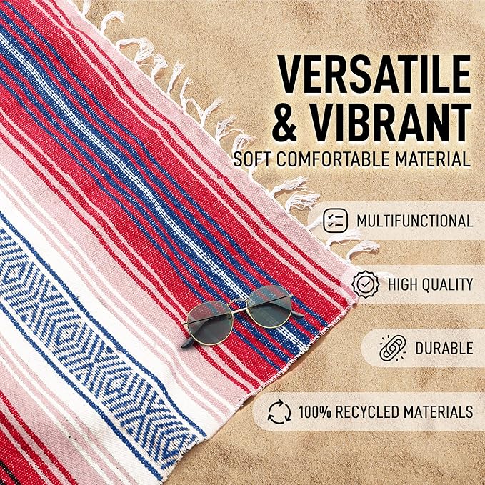 Hydration Nation Authentic Mexican Serape Blanket - Soft &amp Durable - Lightweight Falsa - Coral 70x50