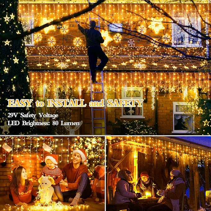 98FT 960 LED Christmas Lights Waterproof 8 Modes Ice Lights for Outside with Memory and Timer Hanging Fairy Lights Plug-in Curtain String Lights for Holiday Party Wedding Home (Warm White)