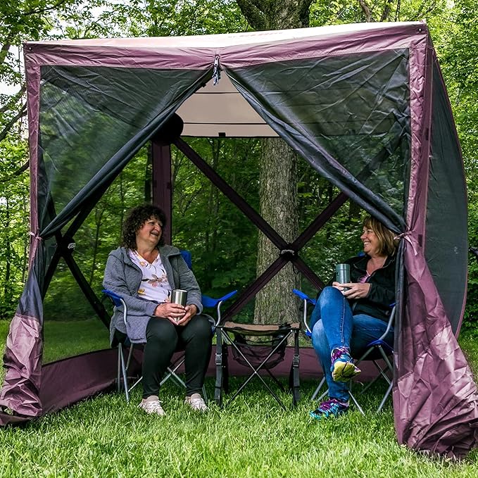 CLAM Pop-Up Screen Tent 6' x 6' Outdoor Camping Gazebo Portable 4-Sided Canopy with Ground Stakes &amp Carry Bag Traveler Plum