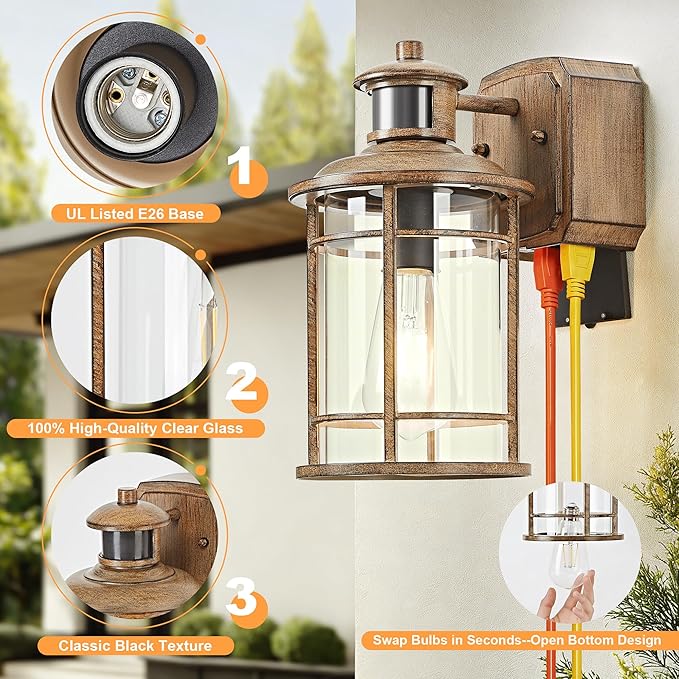 OKELI Upgraded Porch Lights with GFCI Outlet-Motion Sensor &amp Dusk to Dawn Outdoor Light Fixture3 Lighting Modes Waterproof Anti-Rust Faux Wood Grain Outdoor Lights for House Porch Garage (2 Pack