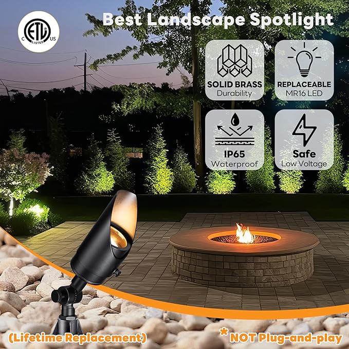 Gardenreet Brass Landscape Lighting Black Low Voltage Spotlights Outdoor 12V LED Wired Uplights Waterproof Spot Lights for Outside Trees Without MR16 Bulb (4 Pack)