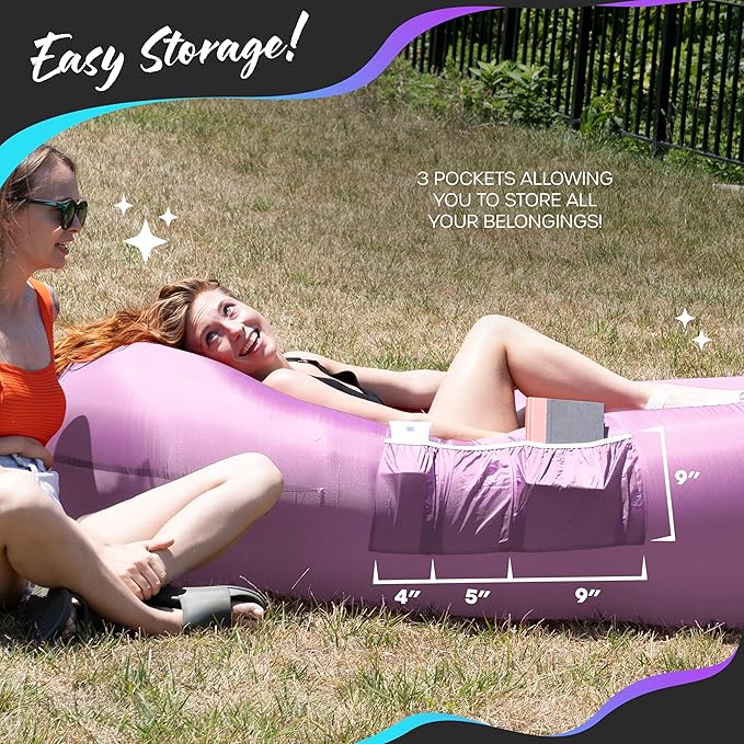 Nevlers Lavender Inflatable Lounger | 210T Polyester Air Sofa | No-Pump Blow Up Couch | Inflatable Lounge Chair w/ 450lbs. Cap. Pockets &amp Matching Bag | Use as Inflatable Couch for Camping &amp