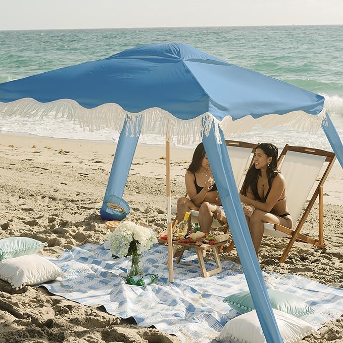 AMMSUN Beach Cabana with Fringe 6.5' x 6.5' Boho Beach Canopy with Tassels Easy Set up &amp Premium Wood Pole Cabana Tent with Sand Pockets Instant Sun Shade for Sand Garden Patio Blue