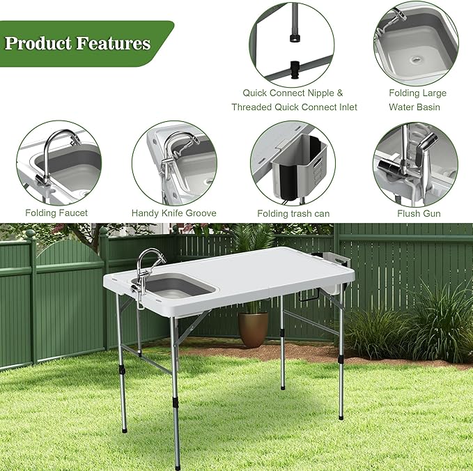 Foldable Fish Cleaning Table Portable Camping Table with Sink &amp Measurement Markers with Faucet &amp Spray Gun for Camping Patio Kitchen RV &amp Beach